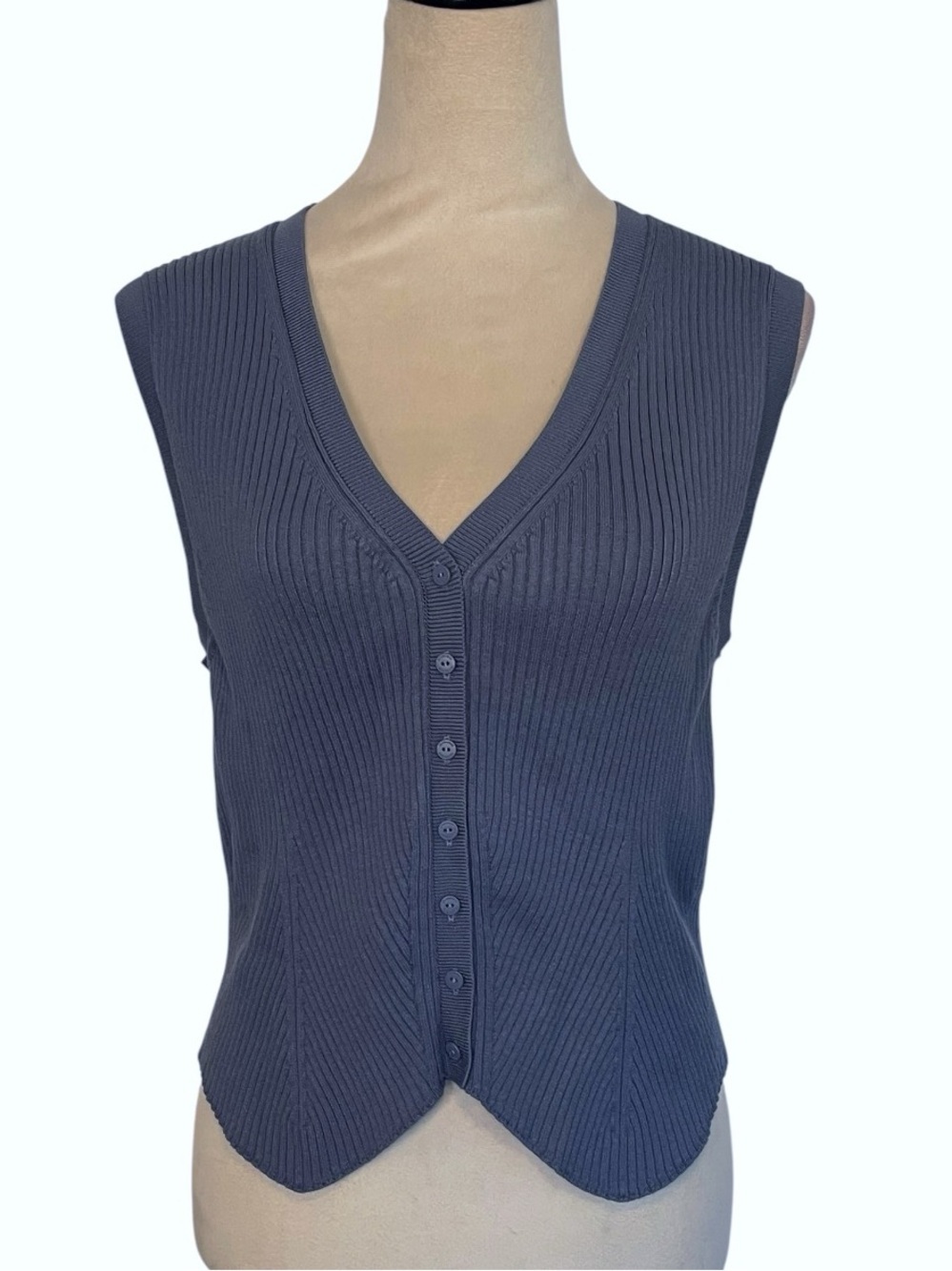 All Saints Sleeveless Ribbed Button-Front V-Neck Top - Slate Blue